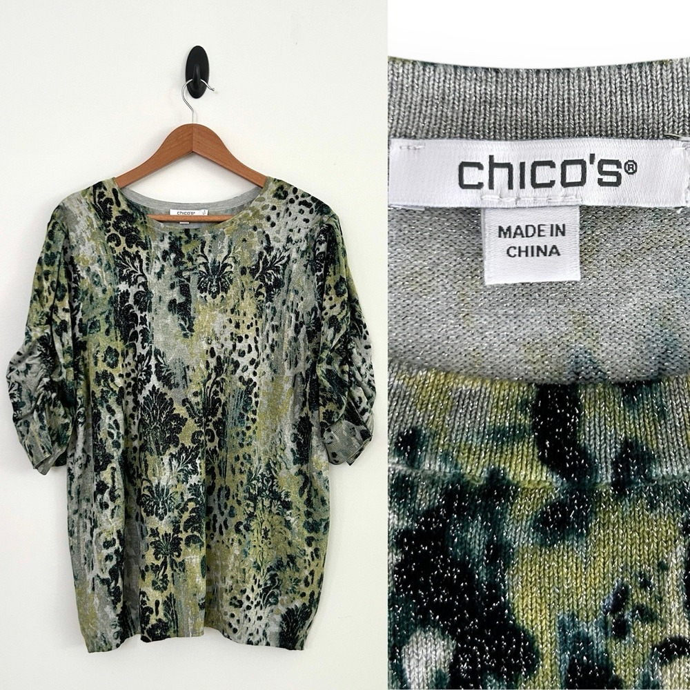 Chico's Women XL Size 3 Green Multi Animal Print Elbow Pullover Sweater Top NEW